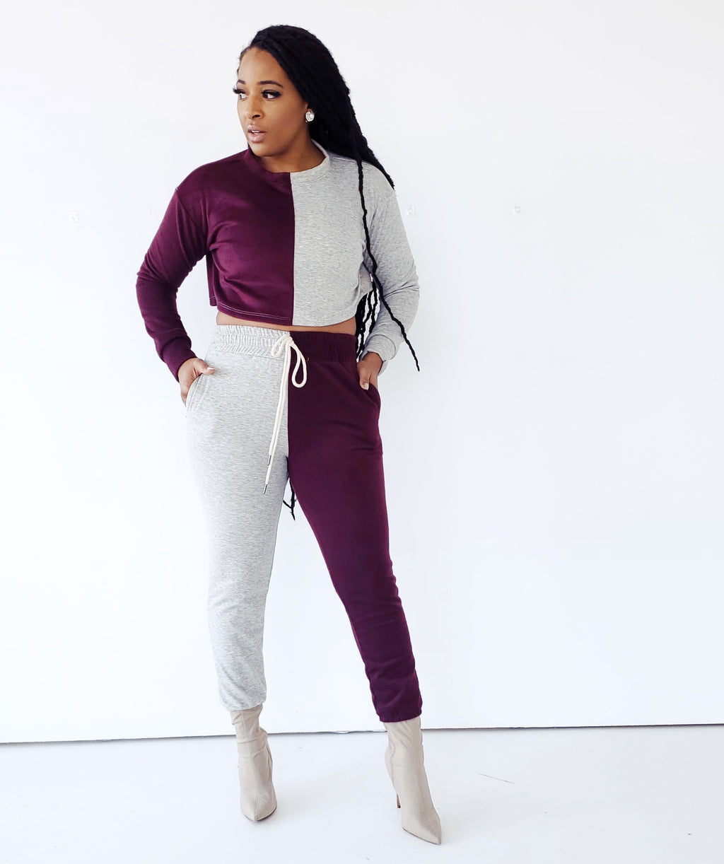 COLOR-BLOCK BURGUNDY AND GREY LUXE JOGGER SET