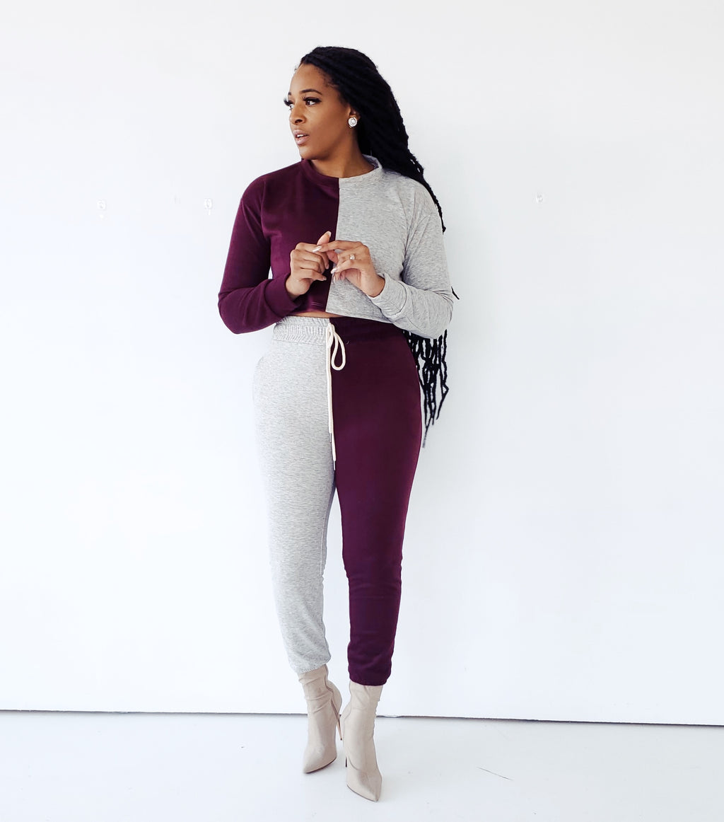 COLOR-BLOCK BURGUNDY AND GREY LUXE JOGGER SET
