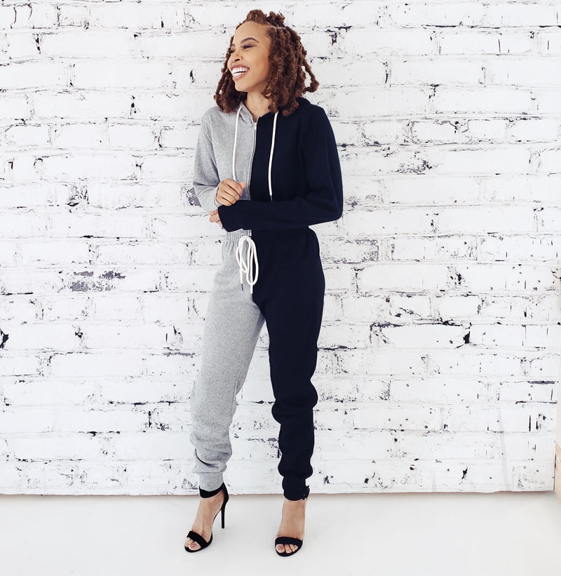COLOR-BLOCK HOODED BLACK & GREY LUXE JOGGER SET