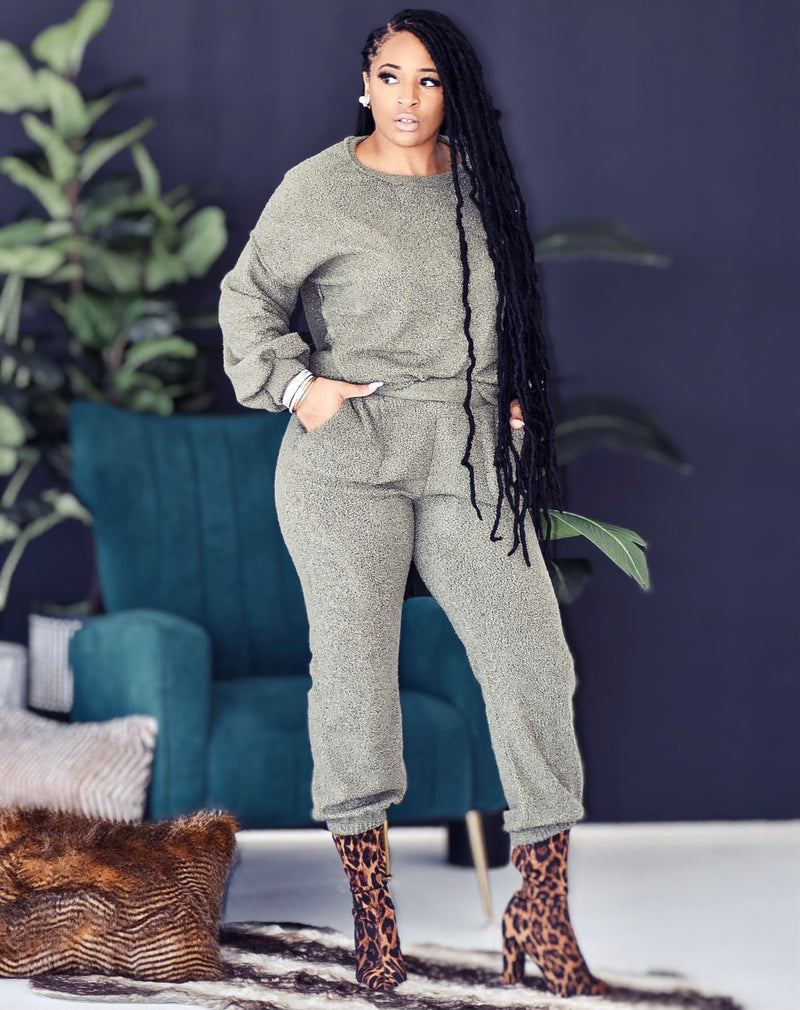 Hunter Olive High Waist Boucle Luxe Lounge Set
