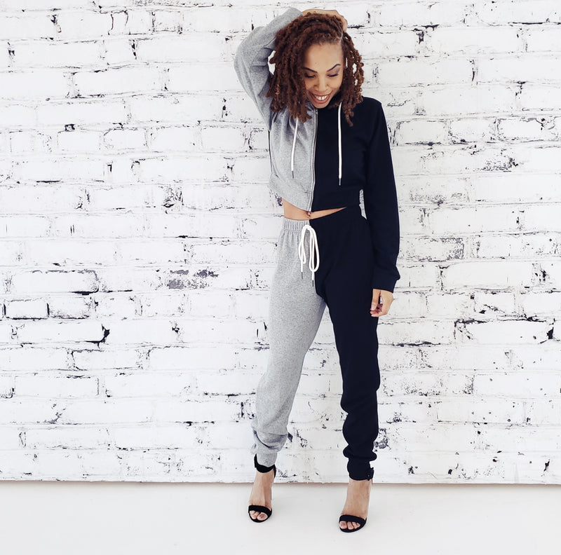 COLOR-BLOCK HOODED BLACK & GREY LUXE JOGGER SET