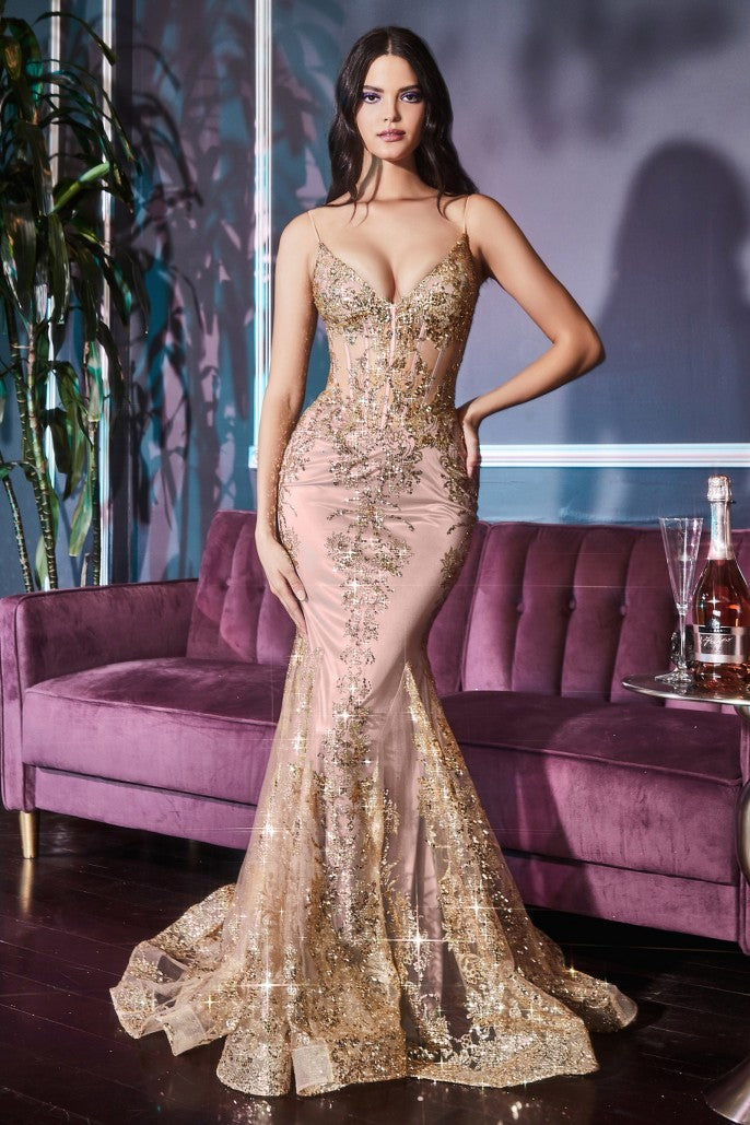 FITTED FLORAL GLITTER PRINT CORSET ROSE GOLD Gown